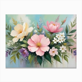 A Digital Art Illustration Of A Bouquet Of Flowers In Shades Of Pink, White, And Purple On A Pastel Blue And Pink Background Canvas Print