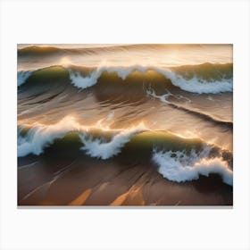 Ocean Waves Curl And Break On A Sandy Shore, Bathed In The Warm, Golden Light Of Sunrise Or Sunset Canvas Print