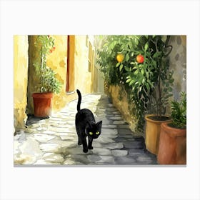 Naples, Italy   Cat In Street Art Watercolour Painting 3 Canvas Print