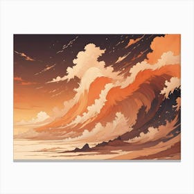 A Vibrant Illustration Of A Large, Orange Wave Crashing Against A Rocky Coastline At Sunset Canvas Print