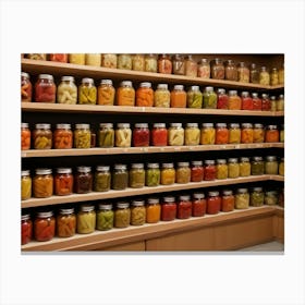 Jars Of Pickled Vegetables On Wooden Shelves In A Dark Room Canvas Print