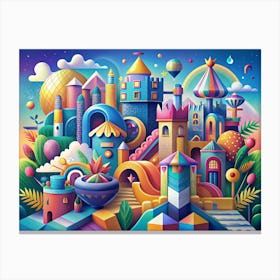 Dreamy Fantasy Cityscape With Bright Colors And Geometric Shapes Canvas Print