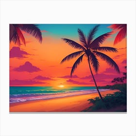 A Tranquil Beach At Sunset Horizontal Illustration 68 Canvas Print