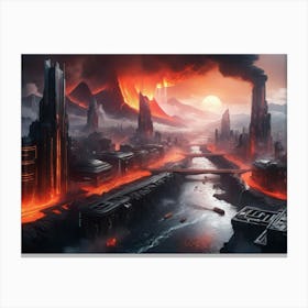 Cyberpunk city with lava and river 7 Canvas Print