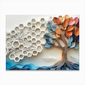 Abstract 3d Oak Artwork With White Lattice, Feathers, A Tree Motif, And Hexagons In Varied 1 Canvas Print