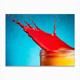 3d Lifelike Milk Flowing With Drops In Shades Of Red Yellow Blue And Orange Against A Turquoise B Canvas Print