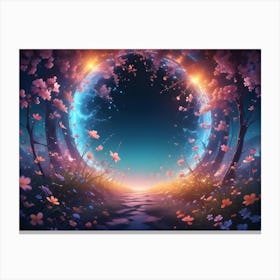 A Magical, Fantasy Like Scene Of A Path Leading Through A Forest With Glowing Lights Canvas Print