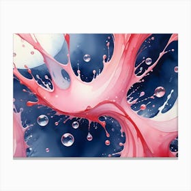 Abstract Image Of A Pink Liquid Splash With Bubbles Against A Dark Blue Background, Resembling A Cosmic Explosion Or A Watercolor Painting Canvas Print