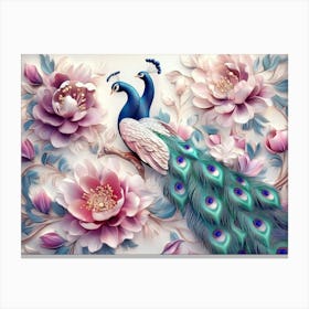 3d Flowers and Peacocks Illustration Background, 3d Abstraction Canvas Print