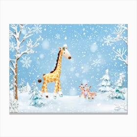 A Whimsical Winter Scene Featuring A Playful Giraffe In A Snow Covered Wonderland Frolicking Among Canvas Print