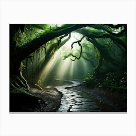 A Winding Path Carved Through An Ancient Forest Lush Greens Enveloping The Trail A Solitary Tree W (5) Canvas Print