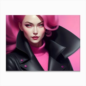 Pink Beauty In Black Leather Coat Canvas Print