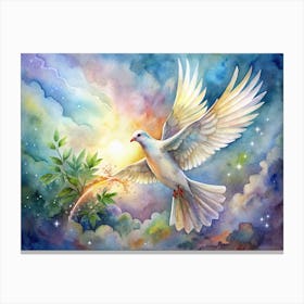 White Dove Flying With Olive Branch In Watercolor Style Canvas Print