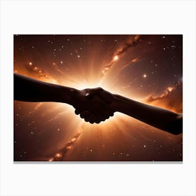 Two Hands, Silhouetted Against A Background Of A Bright, Orange And Yellow Explosion In A Starry Sky, Are Shaking Each Other Canvas Print