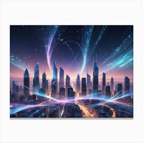 A Modern Cityscape Lit By Vibrant Blue Neon Lights At Sunset With Bright Lines Flowing Out Of The Cityscape Canvas Print