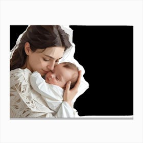 A Mother Cradling Her Sleeping Baby In Her Arms, Isolated On A Black Background Canvas Print