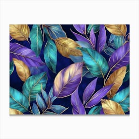 3d Tropical Colorful Leaves in Blue Green Gold Purple Canvas Print