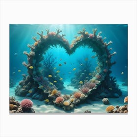 Underwater Scene With A Heart Shaped Coral Reef And Various Colorful Fish Swimming Through It Canvas Print