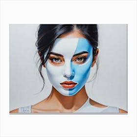 Blue And White Painting In Double Masked Girl Face Canvas Print