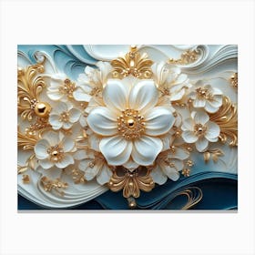 Intricate 3d Artwork Illustration With A White And Blue Backdrop, Embellished With Gold Jewelry 2 Canvas Print