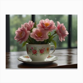 Pink Flowers In A Cup 1 Canvas Print