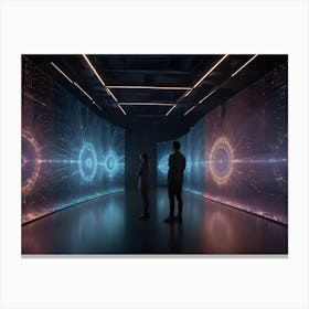 Two Individuals Standing In A Dark Room Facing A Curved Wall Displaying Colorful Digital Art With Glowing Circles And Abstract Patterns Canvas Print