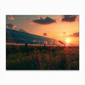 Solar Panels In The Field At Sunset Canvas Print