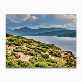 Green coastal landscape in Sardinia. This image showcases a lush, green coastal landscape with low bushes and rocky terrain in the foreground, leading to a calm, reflective sea. Behind the water, gentle hills rise, creating layers of soft blue and green hues under a partly cloudy sky. The scene is peaceful and captures the natural beauty of Sardinia’s coastal environment. Canvas Print