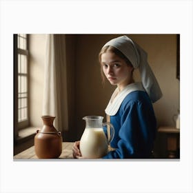 Girl With A Jug Of Milk In Vermeer Style Canvas Print