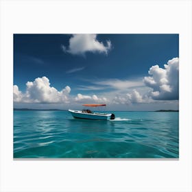 White Boat In Blue Sea Canvas Print