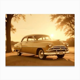 A Vintage Car Parked In A Field At Sunset Canvas Print