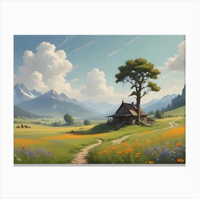 A Peaceful, Idyllic Landscape Featuring A Rustic Cabin Nestled In A Green Valley Surrounded By Mountains And Wildflowers Under A Bright, Blue Sky Canvas Print