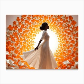 Silhouette Of A Black Woman In A White Dress Against A Backdrop Of Orange And White Flowers Canvas Print