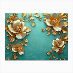 The Classic Background Is Design with Turquoise Shapes and Golden Branched Flowers in 3D Canvas Print