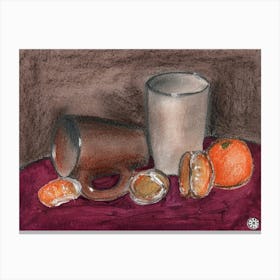 Cups And Clemetines - Anton Maliar painting figurative still life classic pastel grey orange red kitchen Canvas Print