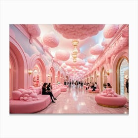 Whimsical Candy Land Themed Mall Corridor With Pink Hues Fluffy Pink Cloud Accents Gold Lined Arch Canvas Print