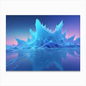 Abstract Landscape With A Blue, Ice Like Mountain In The Center Surrounded By A Reflective, Blue Water Surface Canvas Print