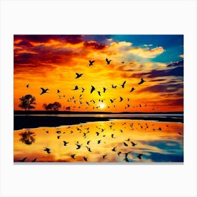 Birds In Flight At Sunset Canvas Print