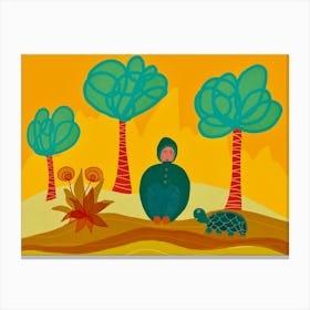 Woman And The Turtle With Turquoise Trees Canvas Print