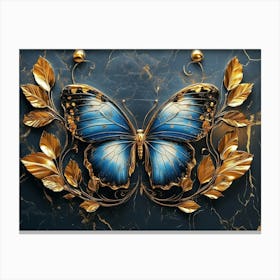 3d Luxury Canvaswork Blue And Gold Butterfly With Golden Leaves On Dark Marble Background Canvas Print