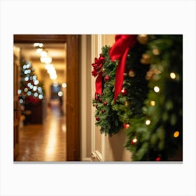 Extreme Close Up Of A Shelf Adorned With Lush Christmas Wreaths Placed On One Side Of A Hallway Door Canvas Print