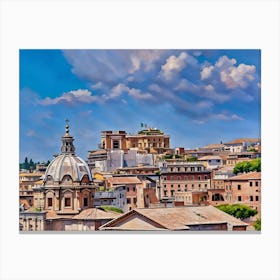 Rooftops and Domes in Rome. This image depicts a picturesque view of a historic cityscape, characterized by its terracotta rooftops and prominent domed structures. The two large domes, likely belonging to significant religious or historical buildings, stand out against a clear blue sky. The foreground is filled with a variety of buildings, showcasing a mix of architectural styles and colors, while lush green trees add a touch of nature to the urban scene. 3 Canvas Print