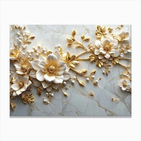 Luxurious 3d Intricate Gold and White Flowers Blooming on a Stunning White Marble Canvas Print