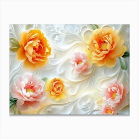 3d Art Stretch Ceiling Design With Orange And Yellow Flowers, Pink Peonies And White Swirls Canvas Print