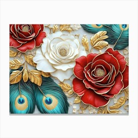 3d Seamless Pattern Diamond Painting White, Crimson, Turquoise and Golden Roses Flowers 1 Canvas Print