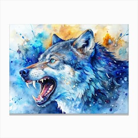 Watercolor Illustration Of A Wolf With Blue Fur And Yellow Eyes Canvas Print