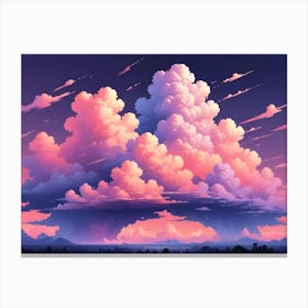 Large, Fluffy Pink And Purple Clouds Gather Above A Silhouetted Landscape At Sunset Canvas Print