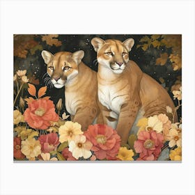 Floral Animal Illustration Mountain Lion 1 Canvas Print