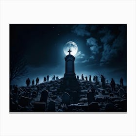 A Haunting View Of A Tomb Silhouetted Against The Night Sky A Gravestone With The Cross Engraved W (3) Canvas Print