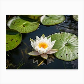 Closeup Of A Round White Water Lily Bloom Floating On A Sunny Summer Pond Vibrant Green Leaves And (1) Canvas Print